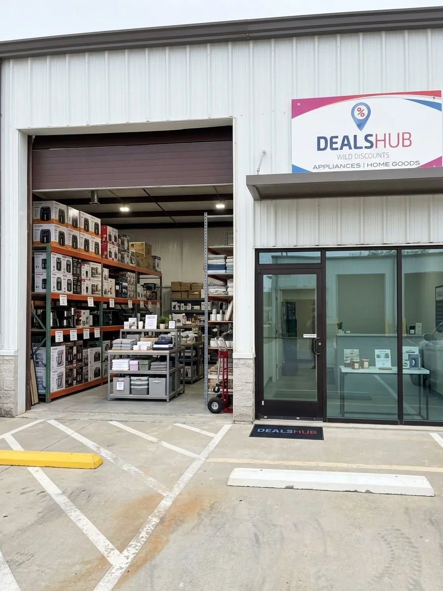 Inside Deals Hub — shelves of appliances and home goods on the floor